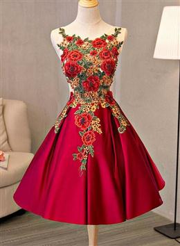 Picture of Cute Red Color Satin with Embroidery Knee Length Homecoming Dresses, Short Party Dresses